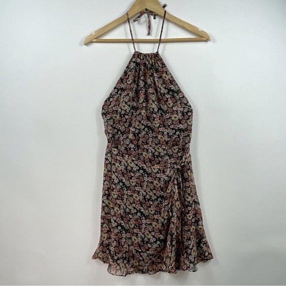 Abercrombie and Fitch Black Floral Chiffon Halter Tie Mini Dress - Size S - Picture 2 of 5